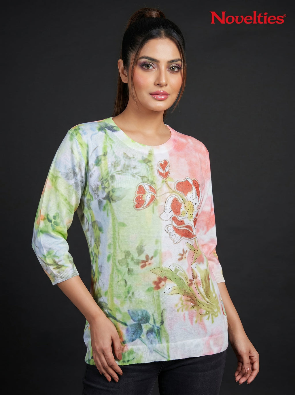 Botanical Digital Print Embellished Round Neck Tunic Top