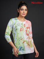 Botanical Digital Print Embellished Round Neck Tunic Top