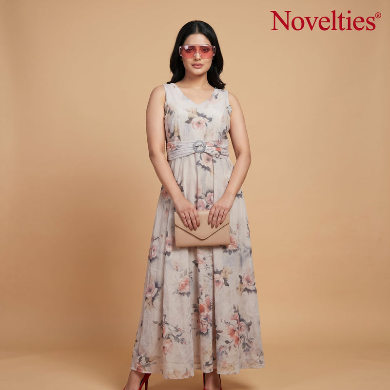 Grey Rose Print Cotton Maxi Gown with Embellished Belt