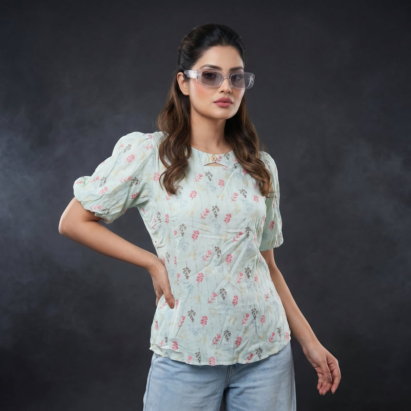 Mint Garden Puff Sleeve Top