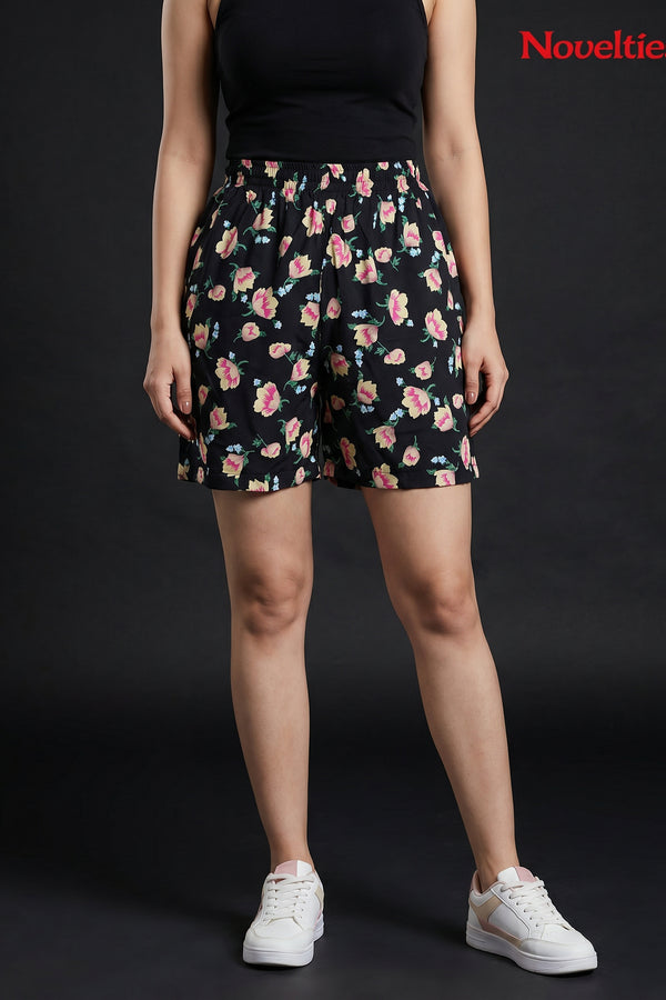 Black Floral Print Shorts