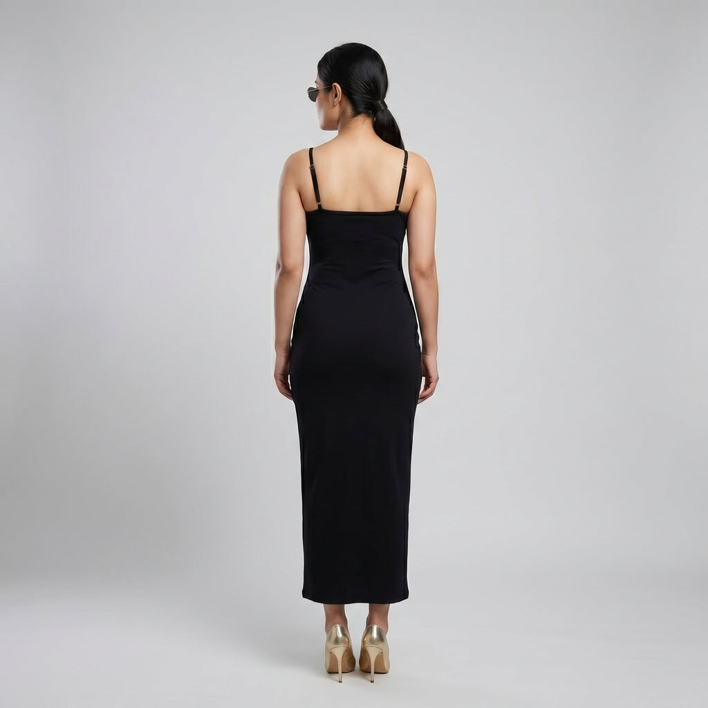 Black Double Strap Ruched Maxi Dress