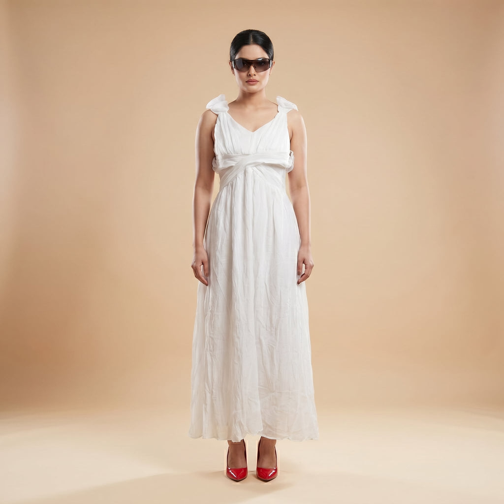 White Ruffle Back Maxi Dress