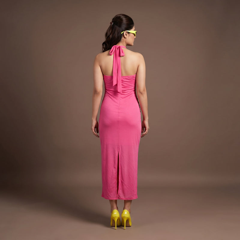 Hot Pink Ruched Mesh Midi Dress