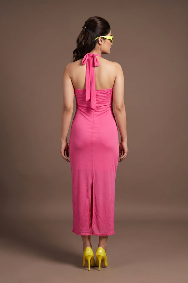 Hot Pink Ruched Mesh Midi Dress