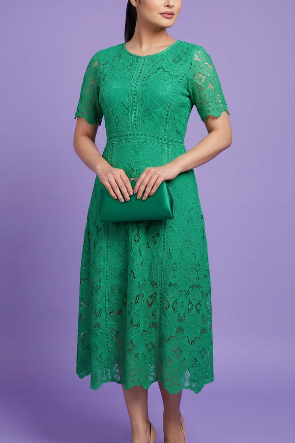 Emerald Green Floral Lace Midi Dress