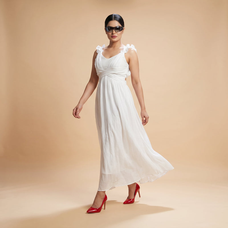 White Ruffle Back Maxi Dress