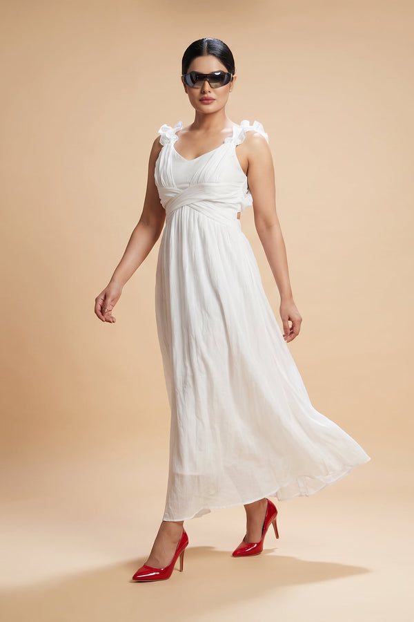 White Ruffle Back Maxi Dress