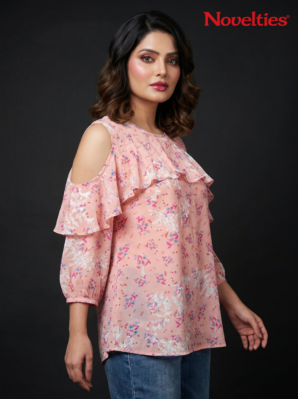 Ditsy Floral Print Cold-Shoulder Ruffle Top
