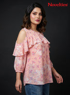 Ditsy Floral Print Cold-Shoulder Ruffle Top
