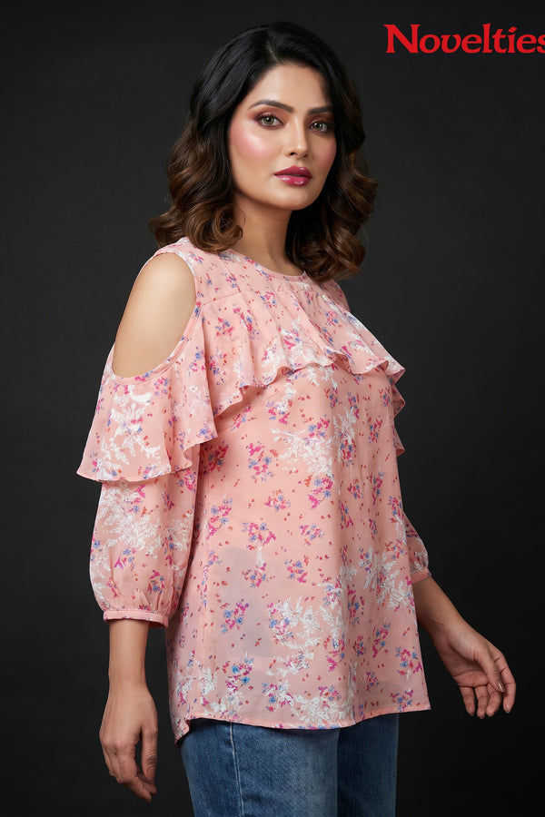 Ditsy Floral Print Cold-Shoulder Ruffle Top