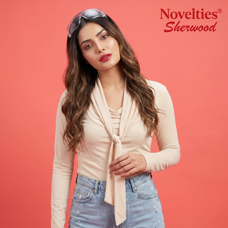 Cream Tie-Front Full Sleeve Crop Top
