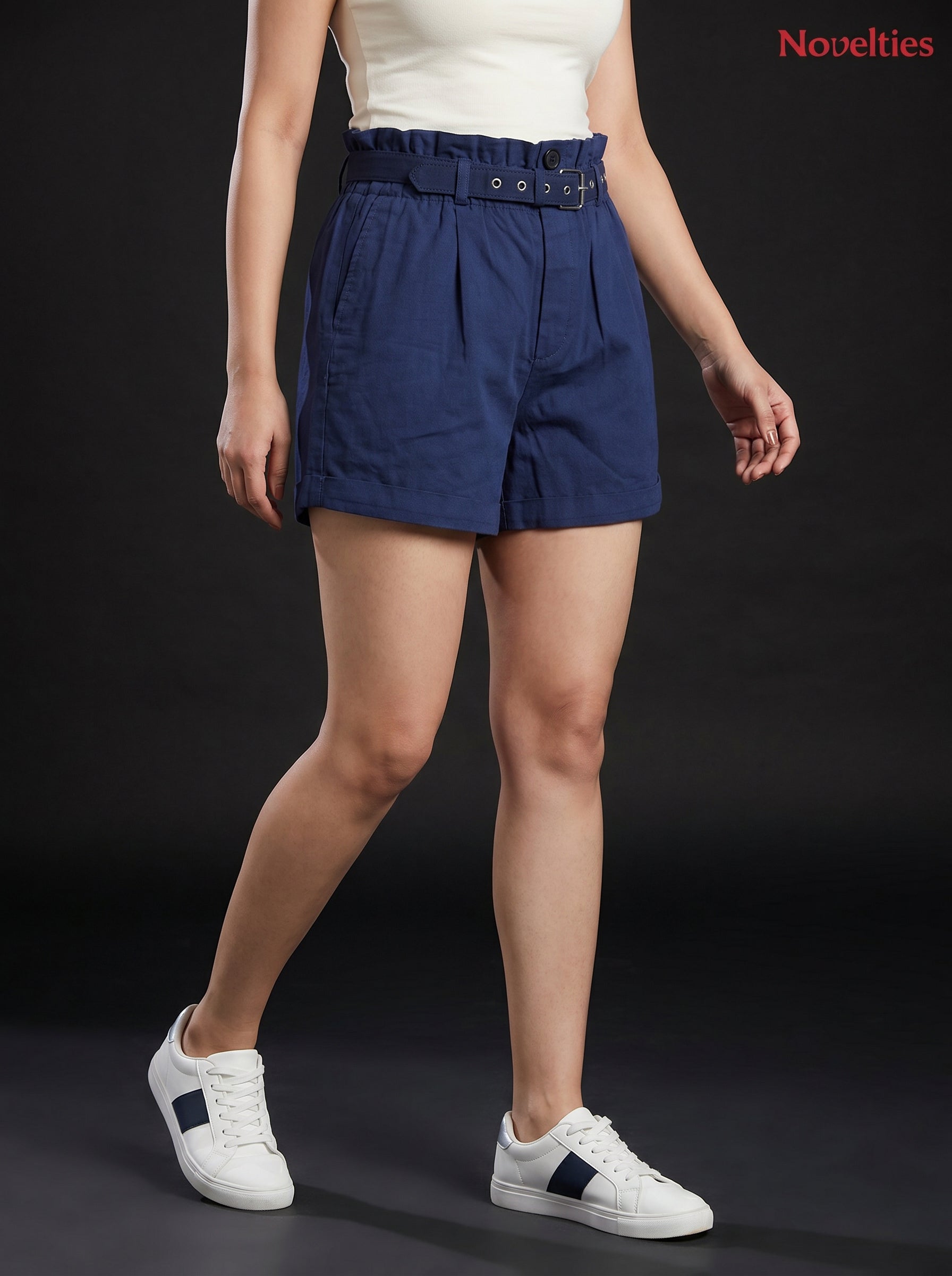 Navy Blue Belted Paperbag Shorts