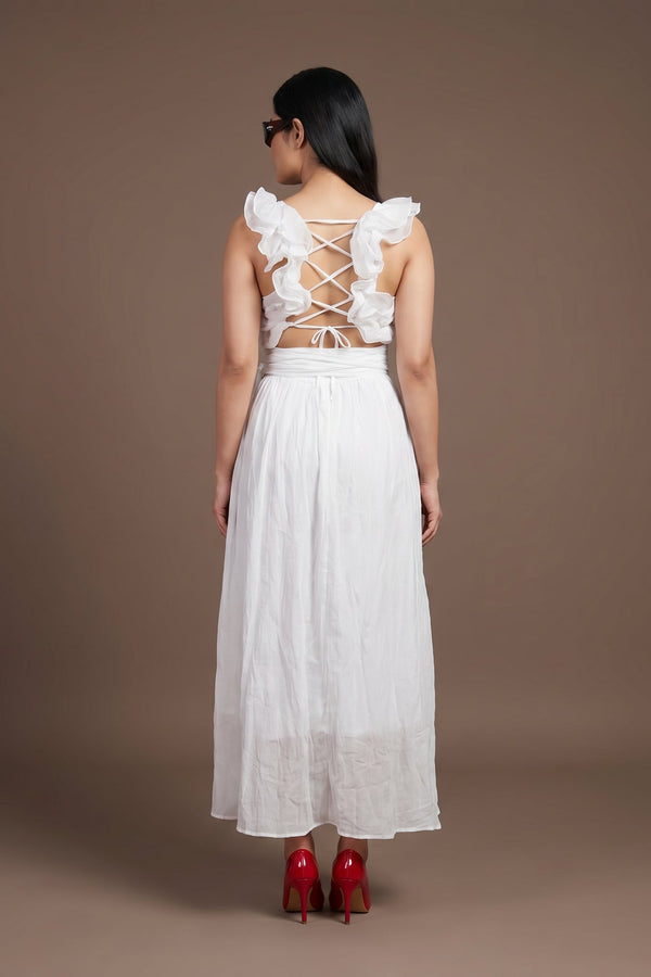 White Ruffle Back Maxi Dress