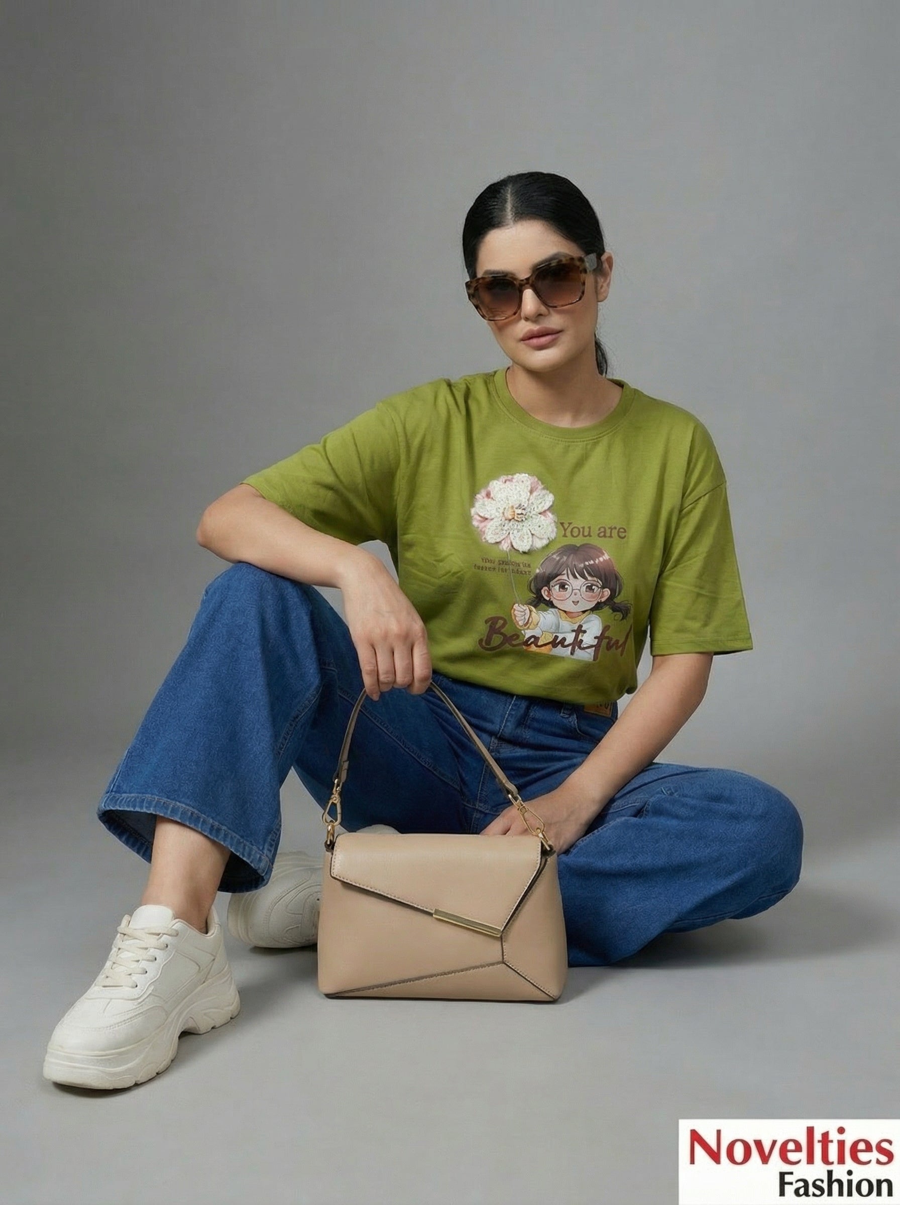 Drop Shoulder Crop T-Shirt - Olive Green
