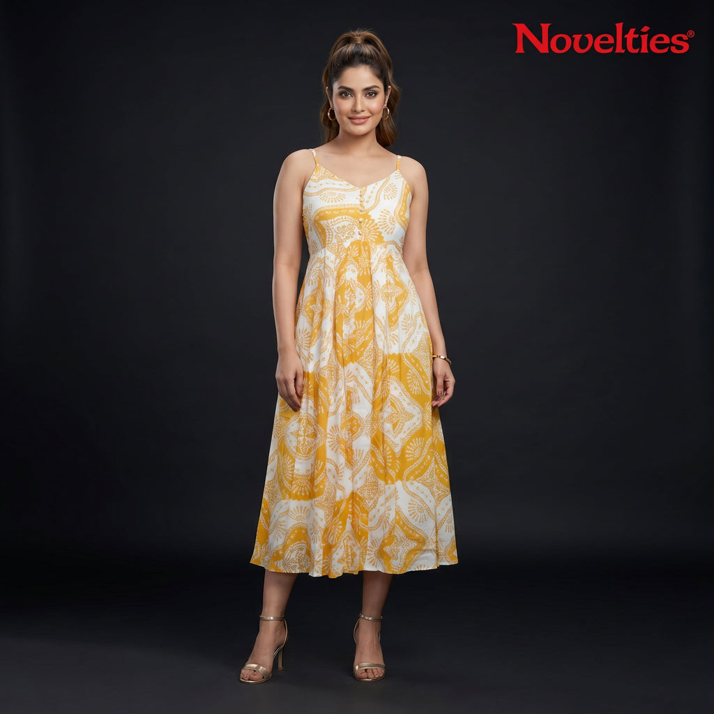 Saffron Medallion Print Strappy Midi Dress