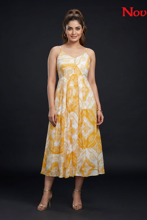 Saffron Medallion Print Strappy Midi Dress