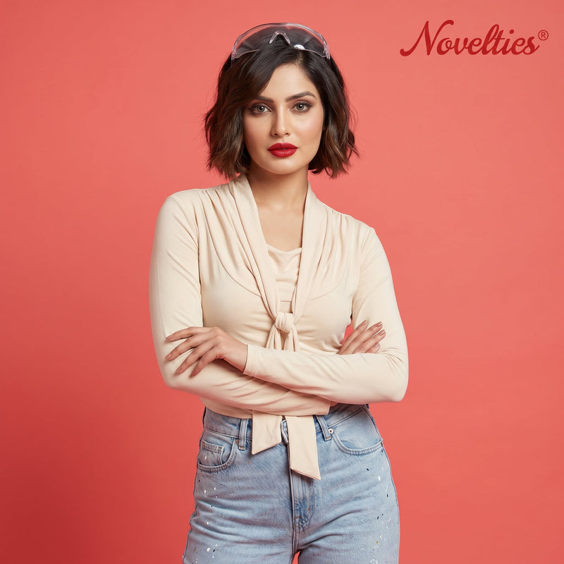 Cream Tie-Front Full Sleeve Crop Top