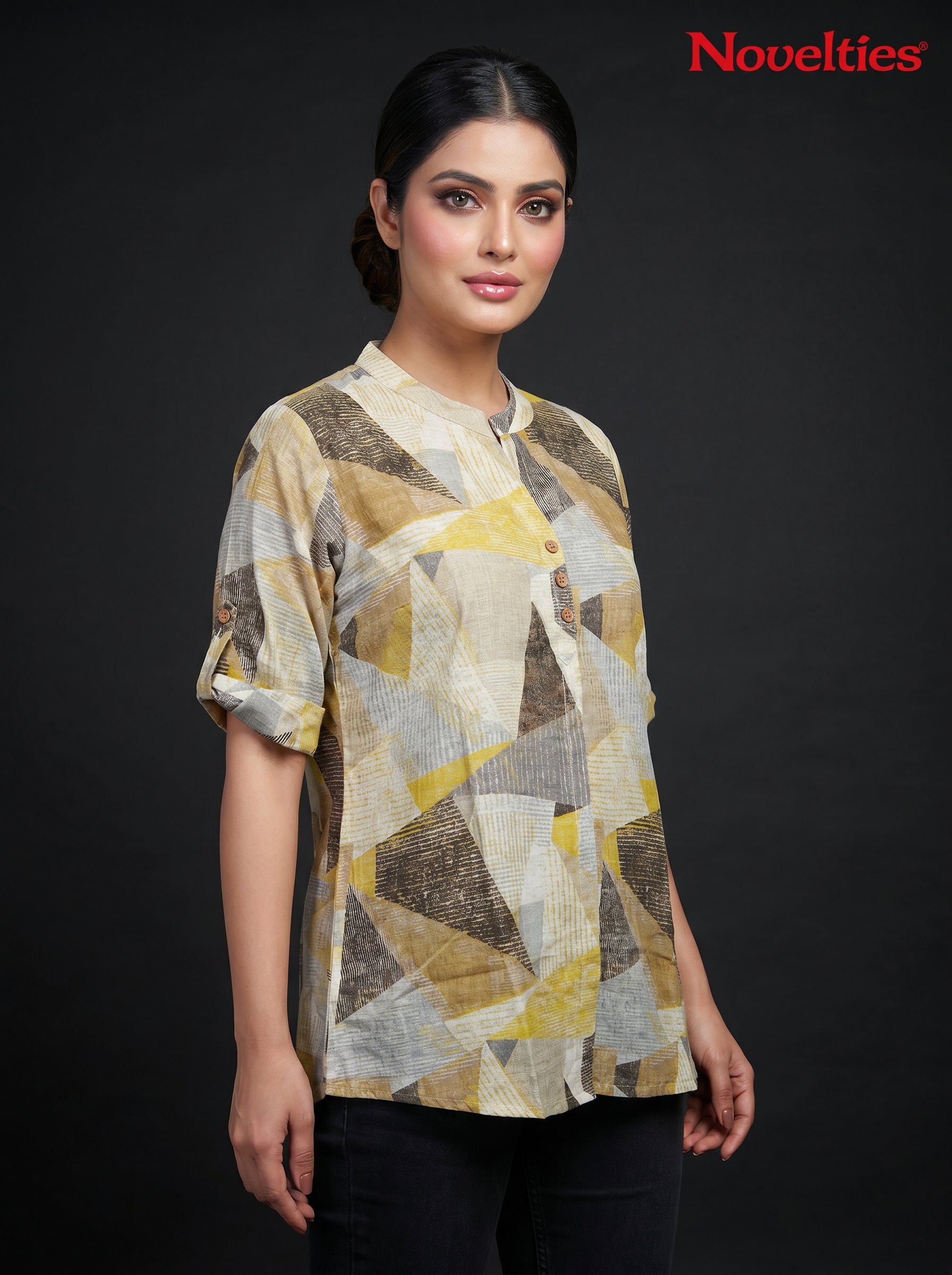 Abstract Geometric Print Mandarin Collar Shirt