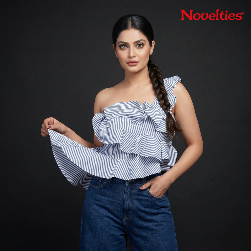 Blue & White Striped One-Shoulder Ruffle Crop Top