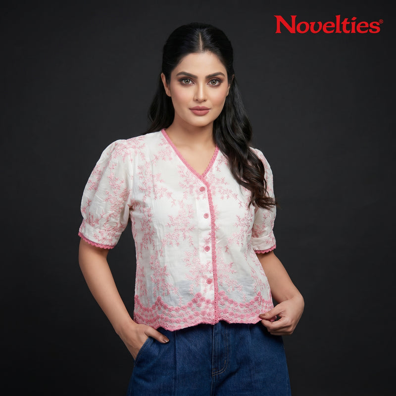White Pink Chikankari Embroidered Puff Sleeve Top