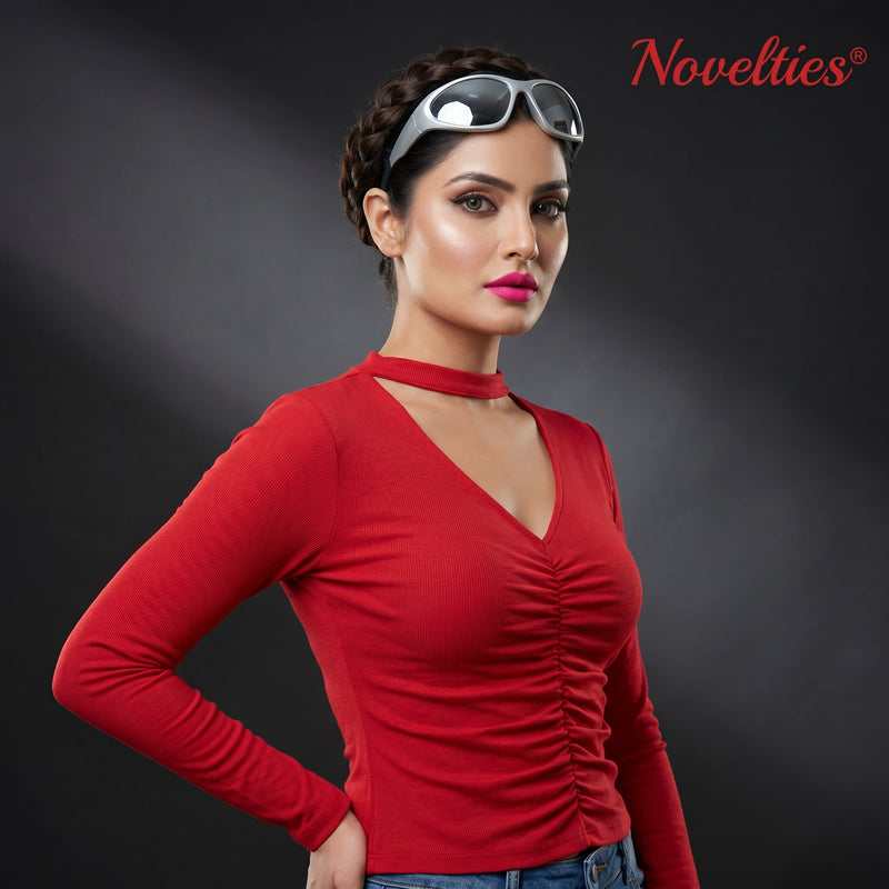 Choker Neck Ruched Full Sleeve Crop Top