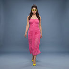 Hot Pink Ruched Mesh Midi Dress