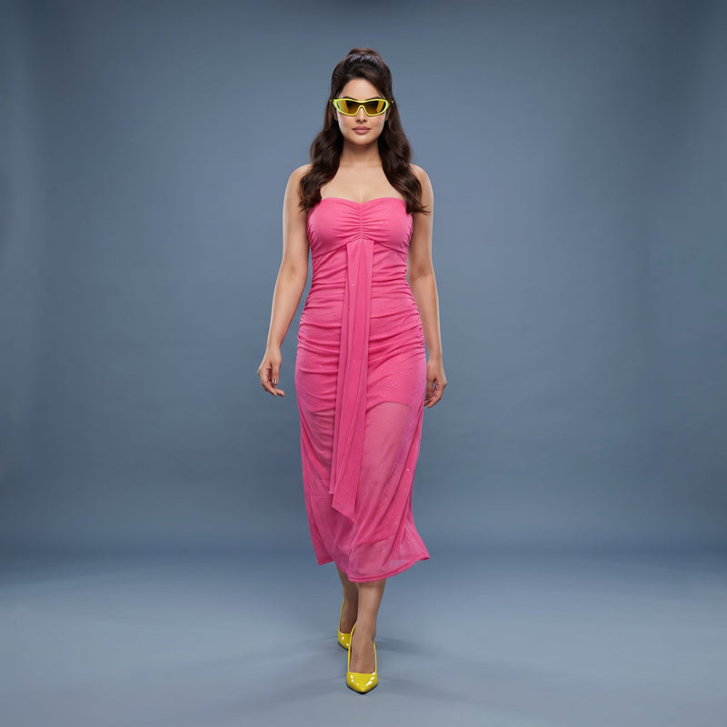 Hot Pink Ruched Mesh Midi Dress