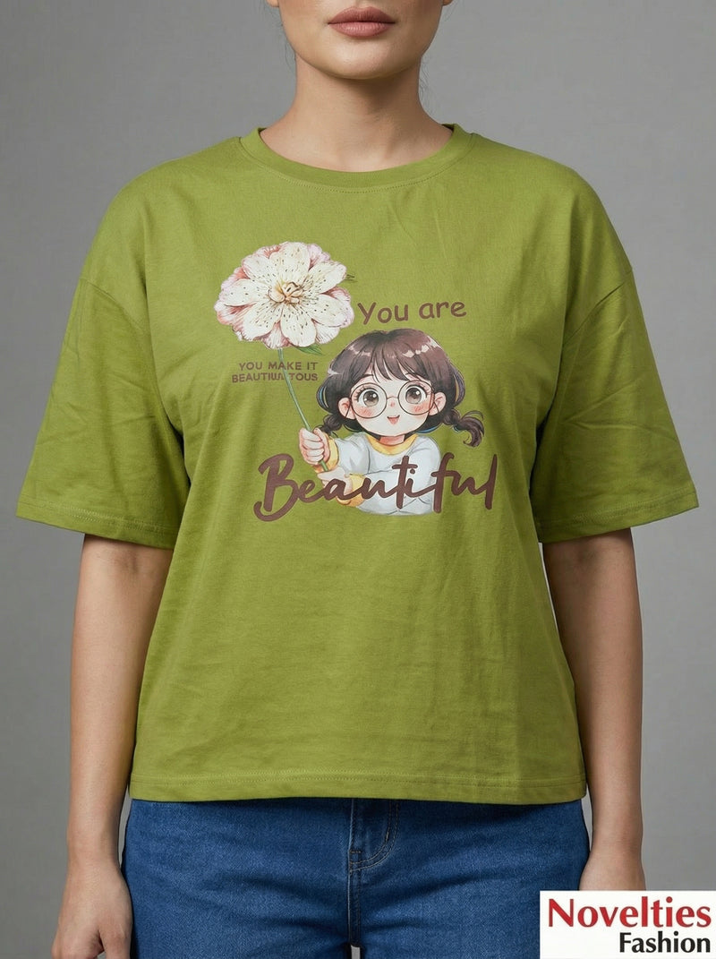 Drop Shoulder Crop T-Shirt - Olive Green