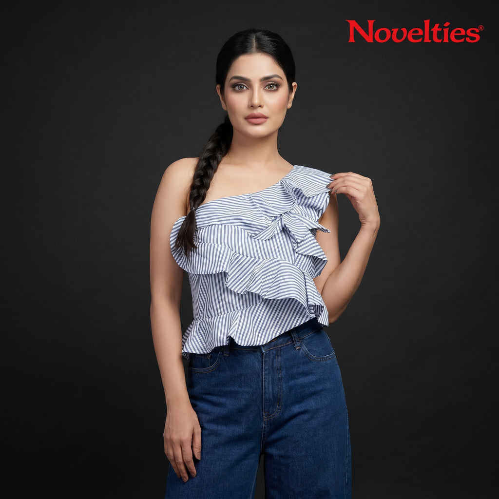 Blau-weiß gestreiftes One-Shoulder-Rüschen-Crop-Top