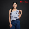 Blau-weiß gestreiftes One-Shoulder-Rüschen-Crop-Top