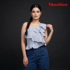 Blau-weiß gestreiftes One-Shoulder-Rüschen-Crop-Top