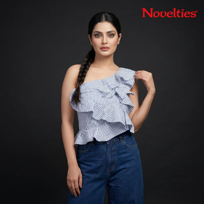 Blue & White Striped One-Shoulder Ruffle Crop Top