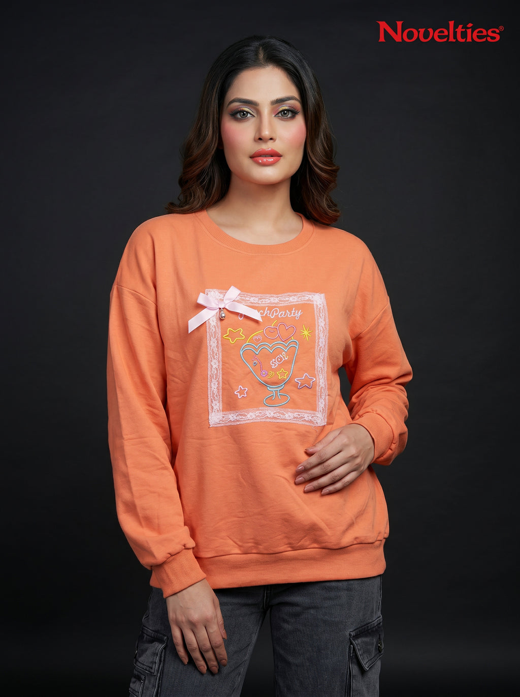 Coral Peach Graphic Bow Sweatshirt