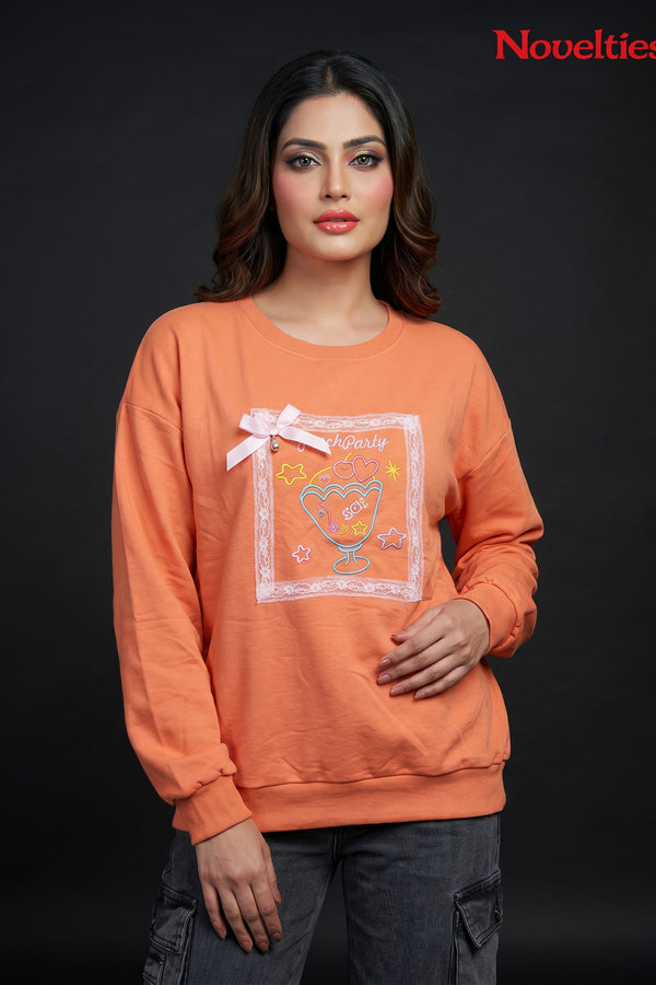Coral Peach Graphic Bow Sweatshirt