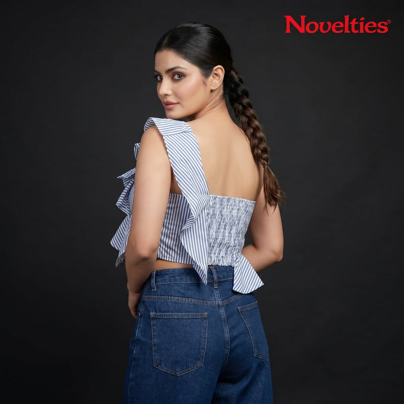 Blue & White Striped One-Shoulder Ruffle Crop Top