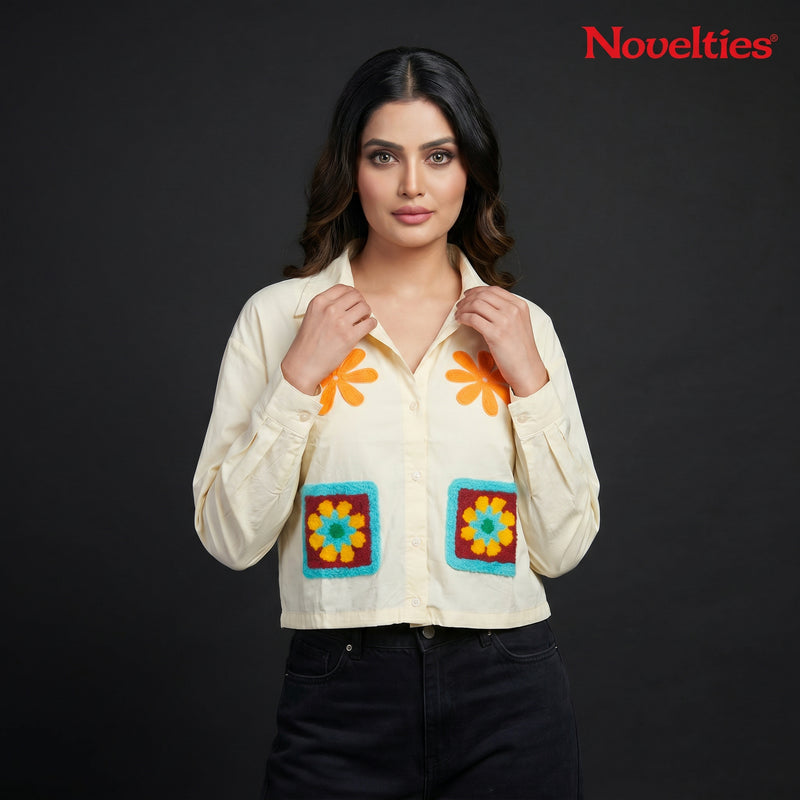 Butter Yellow Crochet Granny Square Patch Crop Shirt