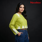 Lime Green Appliqué Embroidered Full Sleeve Crop Top