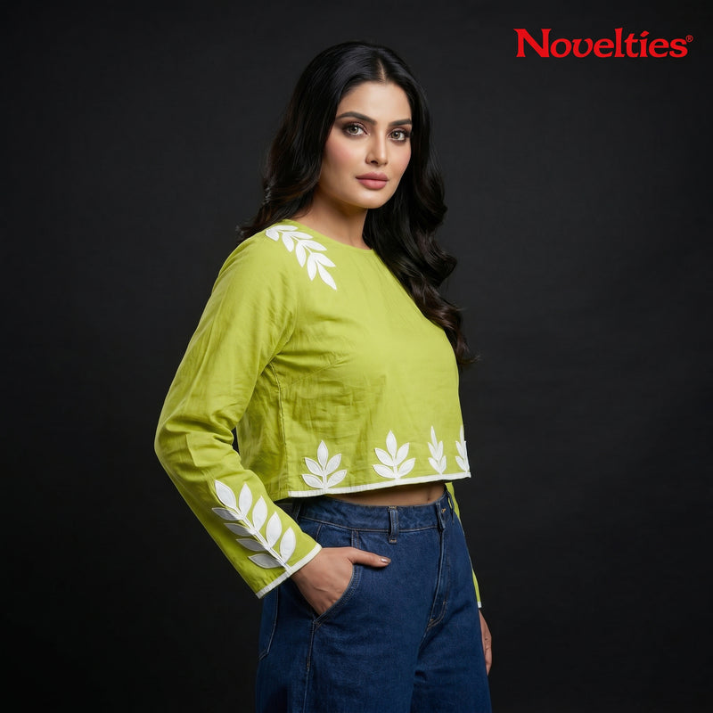 Lime Green Appliqué Embroidered Full Sleeve Crop Top