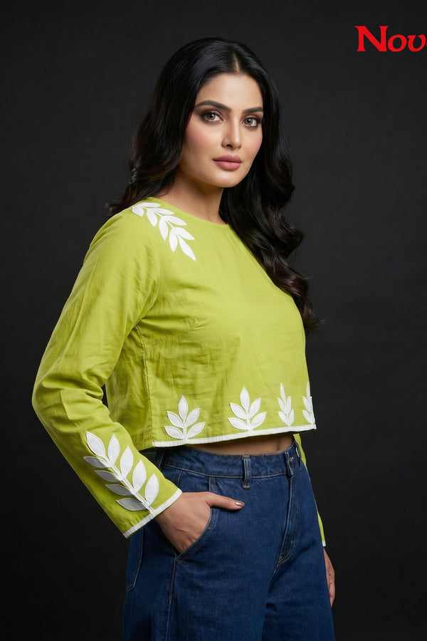 Lime Green Appliqué Embroidered Full Sleeve Crop Top