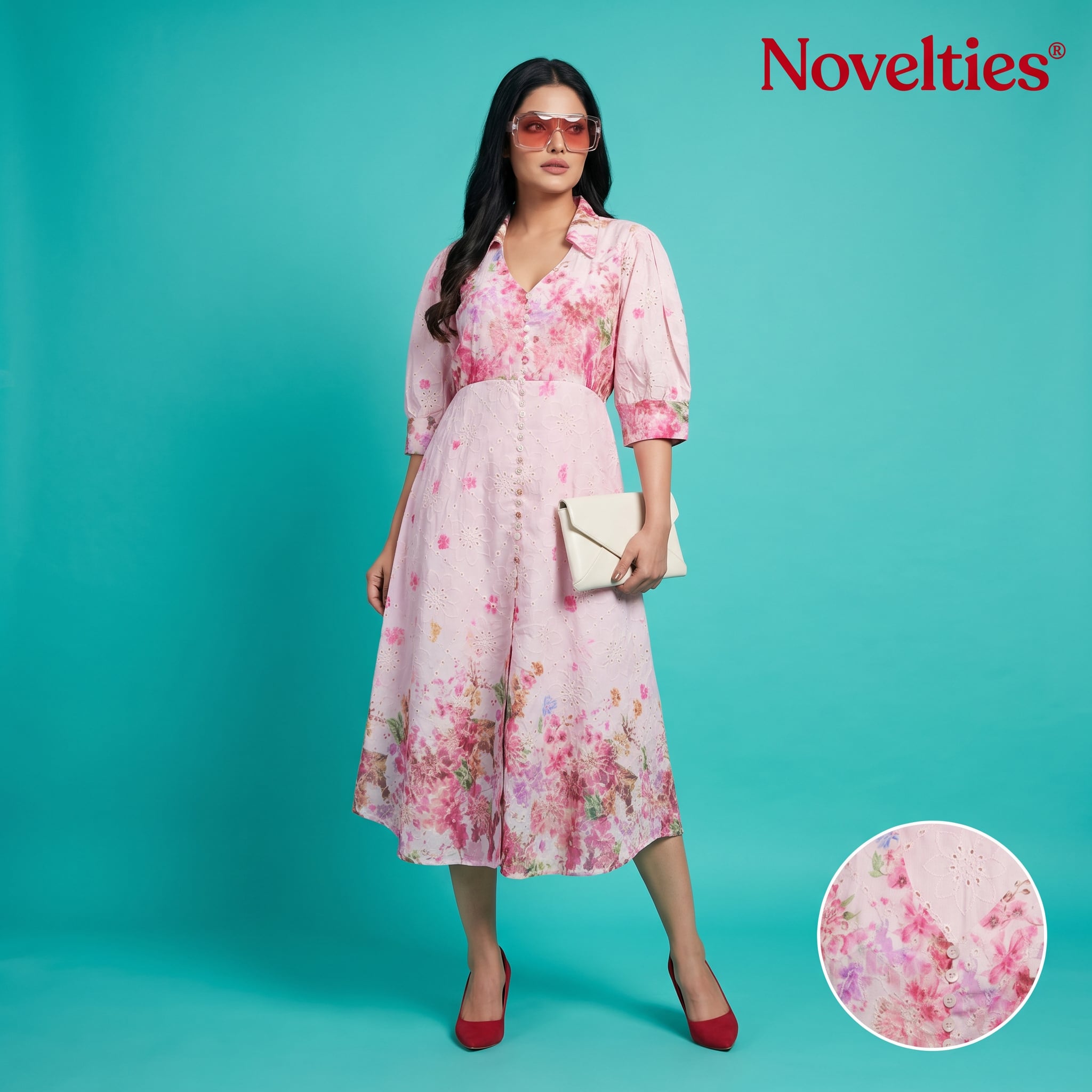 Pink Floral Print Puff Sleeve Button-Down Midi Dress