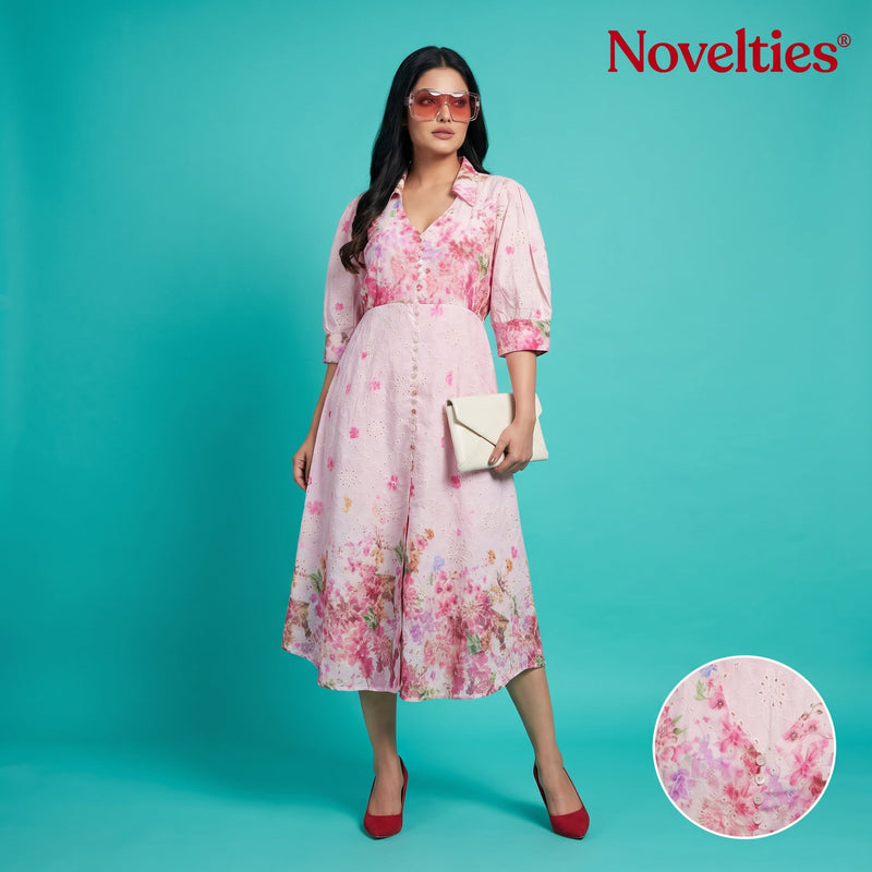 Pink Floral Print Puff Sleeve Button-Down Midi Dress