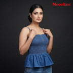 Jeans-Oberteil mit Smok und Knopfleiste im Peplum-Stil