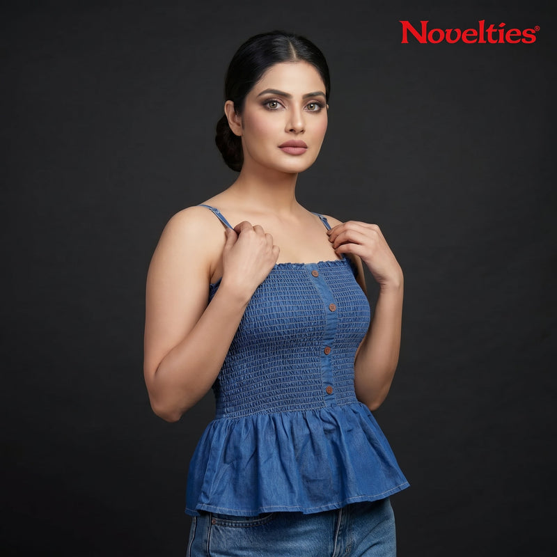 Denim Smocked Button-Front Peplum Top