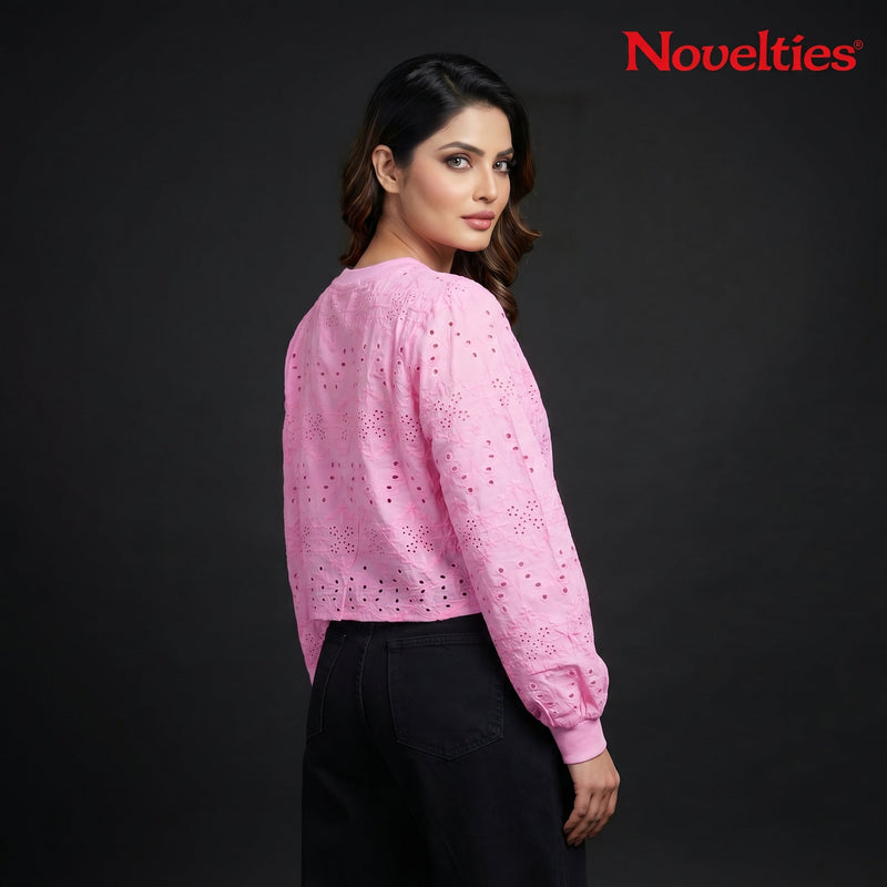 Pink Schiffli Eyelet Embroidered Puff Sleeve Crop Top