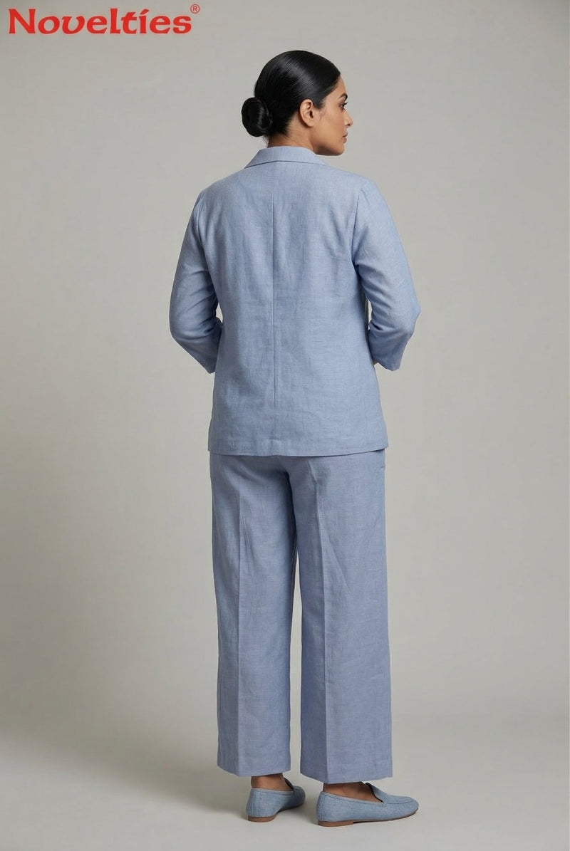 Blue Linen Blazer & Wide-Leg Pant Set