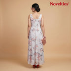 Graues Maxi-Baumwollkleid mit Rosenprint und verziertem Gürtel
