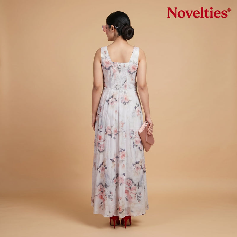 Grey Rose Print Cotton Maxi Gown with Embellished Belt