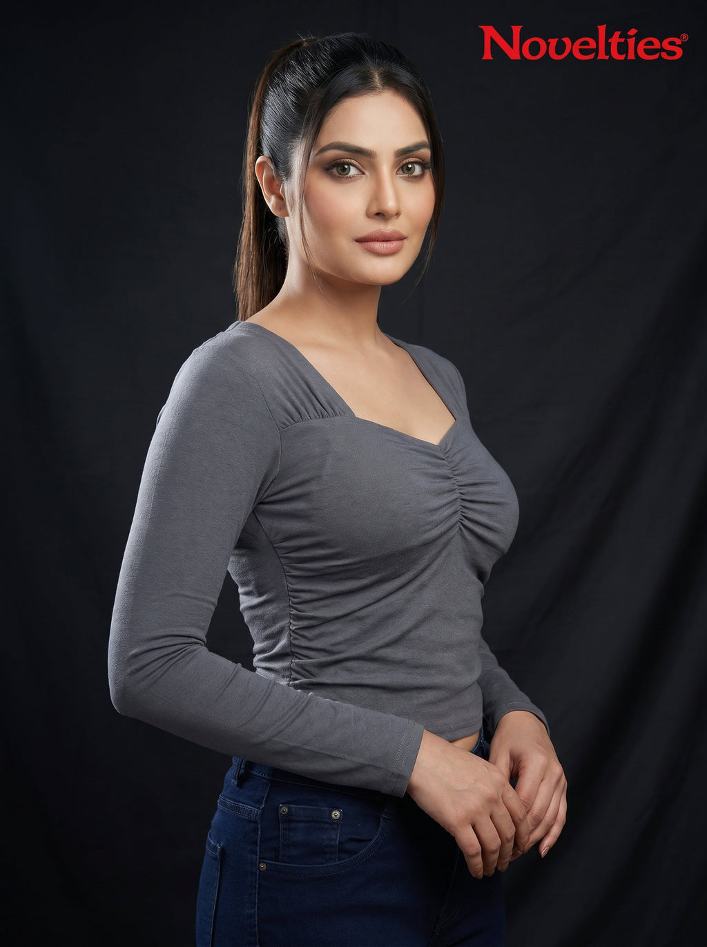 Ruched Sweetheart Neck Cropped Long Sleeve Top