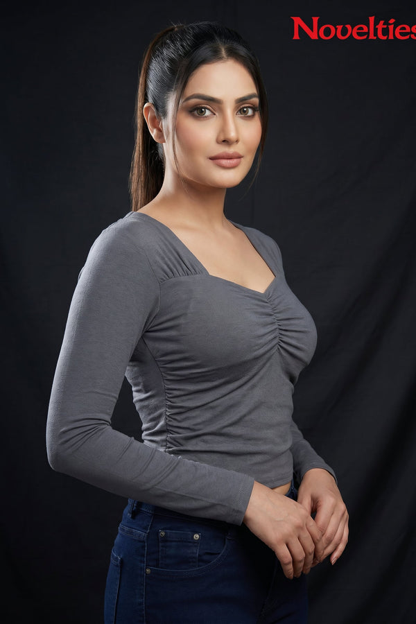 Ruched Sweetheart Neck Cropped Long Sleeve Top